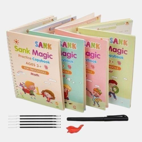 Magic Book Set – Reusable Calligraphy Writing Kit (4 Books + 10 Refills + Pen + Grip)