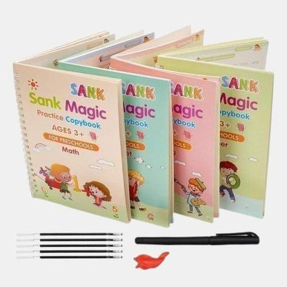 Magic Book Set – Reusable Calligraphy Writing Kit (4 Books + 10 Refills + Pen + Grip)