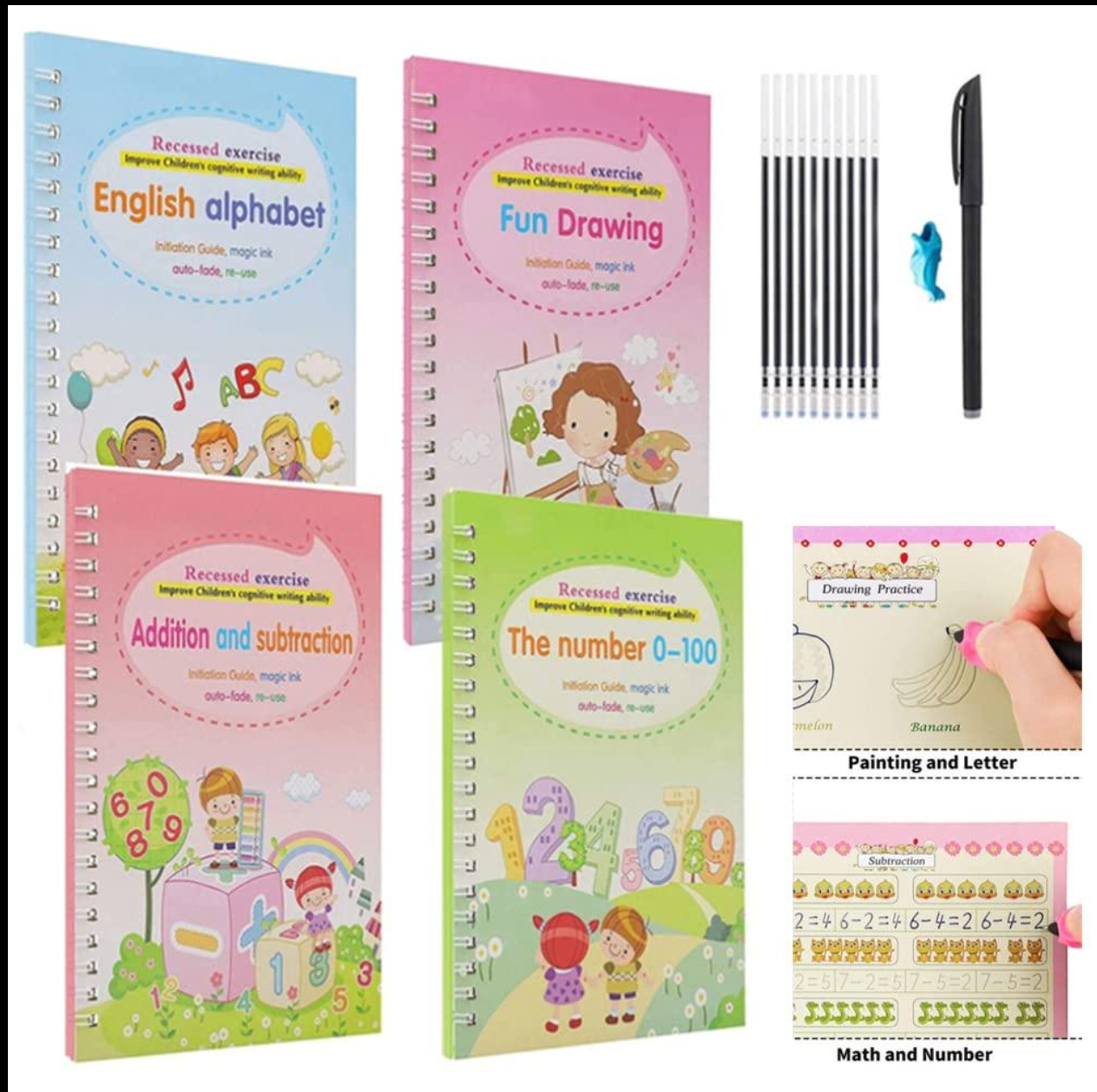 Magic Book Set – Reusable Calligraphy Writing Kit (4 Books + 10 Refills + Pen + Grip)