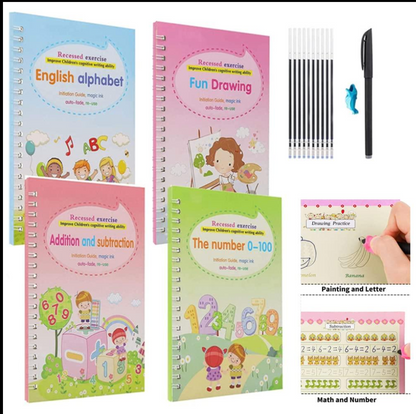 Magic Book Set – Reusable Calligraphy Writing Kit (4 Books + 10 Refills + Pen + Grip)